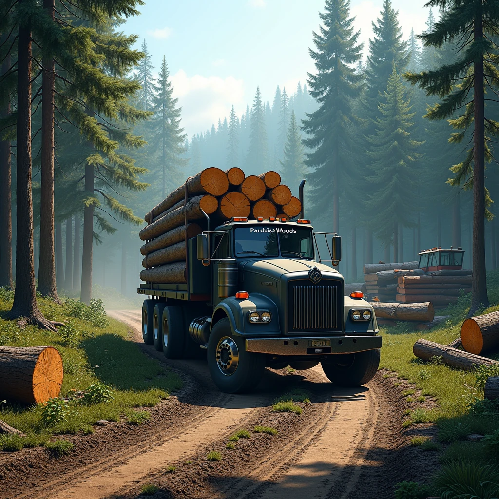The image shows a logging scene in a dense, lush forest.. En el centro de la imagen, there is a large, sturdy truck carrying freshly cut tree trunks. The truck is dark gray in color with black details and has the word "PARADISE WOODS" white writing on the top of the cabin and on the front.
The logs are stacked neatly in the back of the truck, forming an imposing load that extends beyond the side edges of the vehicle. The trunks are uniform in size and are positioned parallel to each other., standing out for its light woody tone and the rough and wrinkled texture of the bark.
The road where the truck travels is dirt, with tire marks indicating frequent use by heavy vehicles. along the way, you can see more fallen tree trunks, cut and stacked neatly beside the road, ready to be loaded. The road goes to the horizon, where you can see another truck, suggesting that this is an active logging site.
ao redor, the forest is made up of tall, slender trees with thin trunks, typical of conifers, with dense green leaves that form a canopy above. Some trees are partially cut or fallen, suggesting that the site is in the midst of logging. Sunlight penetrates through the treetops, creating patterns of shadow and light on the forest floor, which adds a dramatic effect and a sense of depth to the image. Ao fundo, the vegetation remains dense, with several layers of trees that decrease in size as they move away, until they almost blend into the clear blue sky.
This scenario highlights the duality of sustainable exploitation, combining human and technological presence with natural beauty and the need for forest conservation.