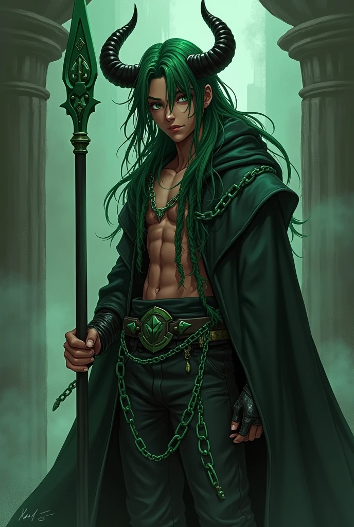 anime boy (dark fantasy) with green dreads, green eyes, brown skin, black horns and a black cloak with green chains around him as he holds a green spear (full body)