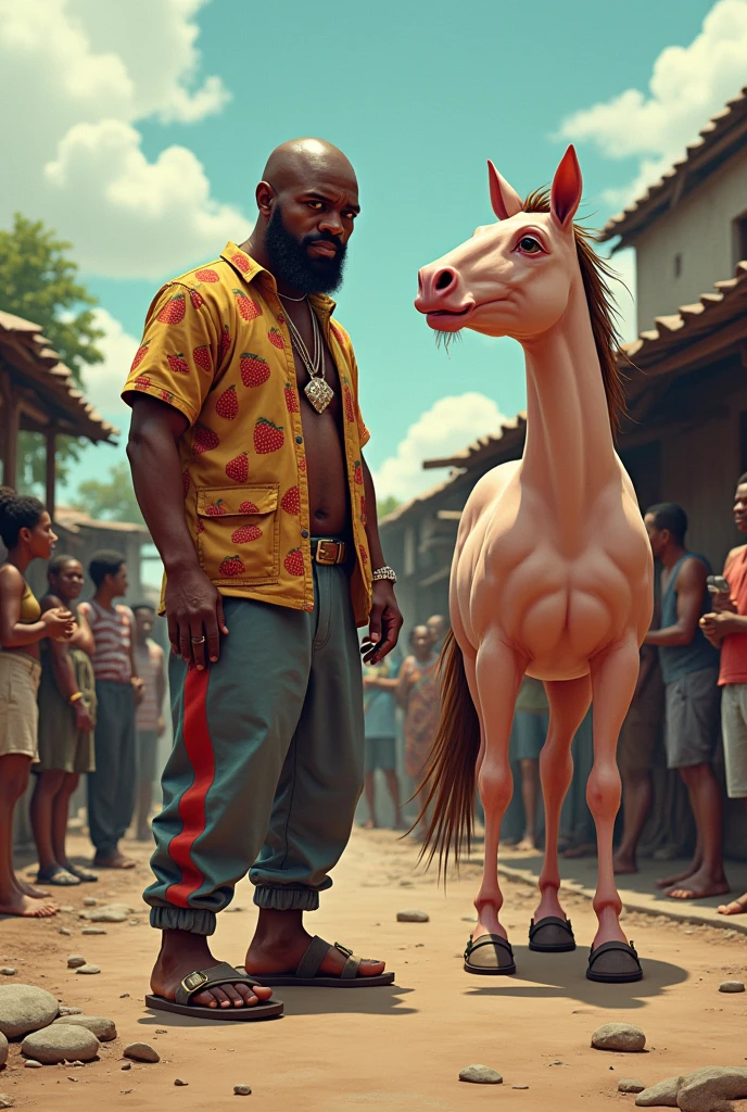 Make a poor bald headed black man with a Gucci outfit and Gucci flip flops in a poor neighborhood with a bunch of people looking at him in Africa and his right foot is bigger than his left while he&#39;s crying next to a strawberry horse, the horse is literally a strawberry and the horse&#39;s legs look like a twig and he is a very big-headed dwarf man and his right foot is the size of a dog but the horse needs to look like a strawberry, and the horse is as if it were a work created by him, and the man is a poor black dwarf with an extremely huge right foot, besides being a very very stubborn man 