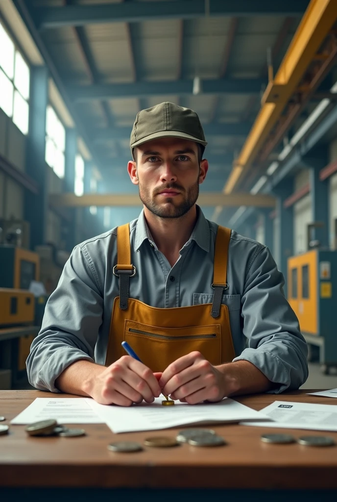 The electrical engineer in the factory is sitting behind the table in work clothes and a hat, he is seriously working with papers and a stack of Euro coins