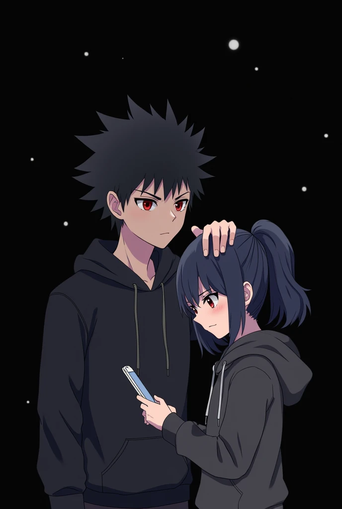 Anime boy ((( Spiky hair , black hair , black hoodie , red eyes , narrowed eye , patting the girl ))) , Anime girl ((( dark blue hair , modern day mullet hair style , black hoodie , red eyes , almond eye , playing phone ))) , siblings , blank black background