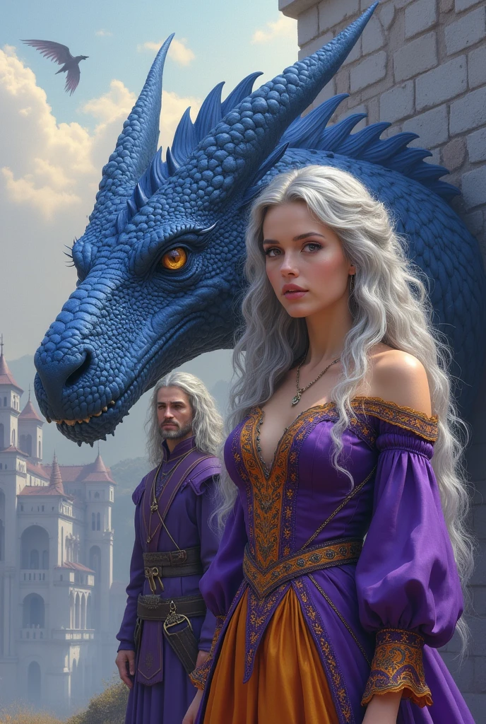 Woman in purple and orange medieval dress. Woman with silver-white wavy and curly hair and dark violet eyes, woman sitting next to her light blue dragon, huge and fierce dragon, Dragon with green eyes. Zoom in on the woman.
Gigantic and majestic castle in the background. Castle with white stones. blue Dragon. Dragon with sky blue scales.
Man next to woman. Man with long silver-white hair, purple medieval clothes and two dragons, a sky blue one and a giant purple one next to the man