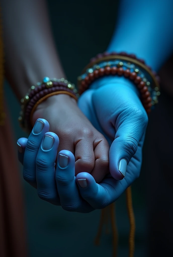 Aesthetic closeup photo of one hand of Shiva's blue hand having rudraksha maala around it holding a hand of 15 years indian boy's hand. Image to be in a dark blur background. Image signifying shiva giving a helping hand