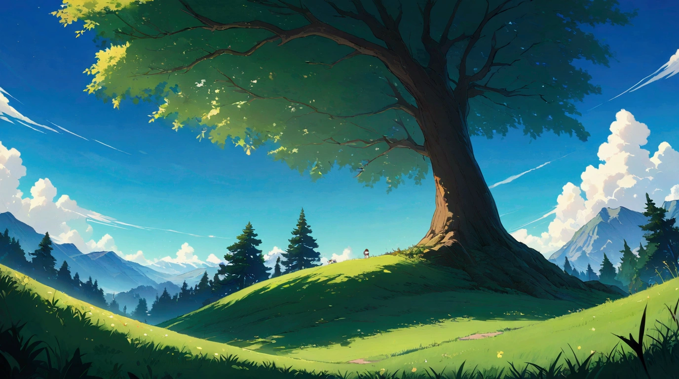 studio ghibli anime wallpaper. beautiful clear sunny sky, no clouds, over a gently sloping meadow. mountains on the horizon. a single, majestic tree in the middle ground, worms eye view