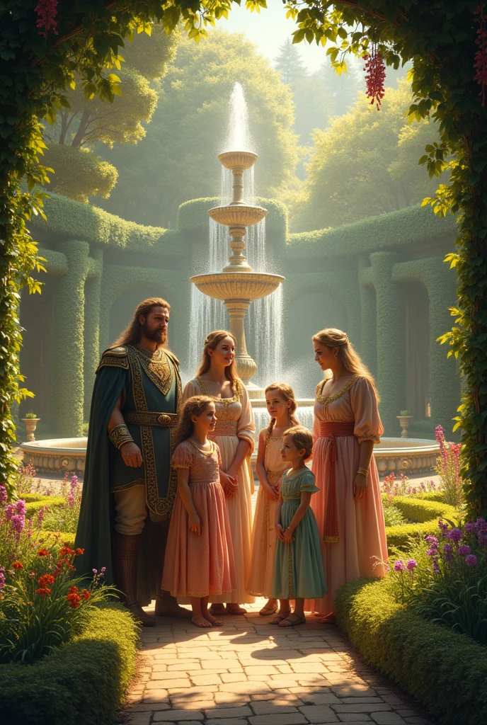 A family of mother and father with their 4 daughters and a baron son from ancient times in a garden 
