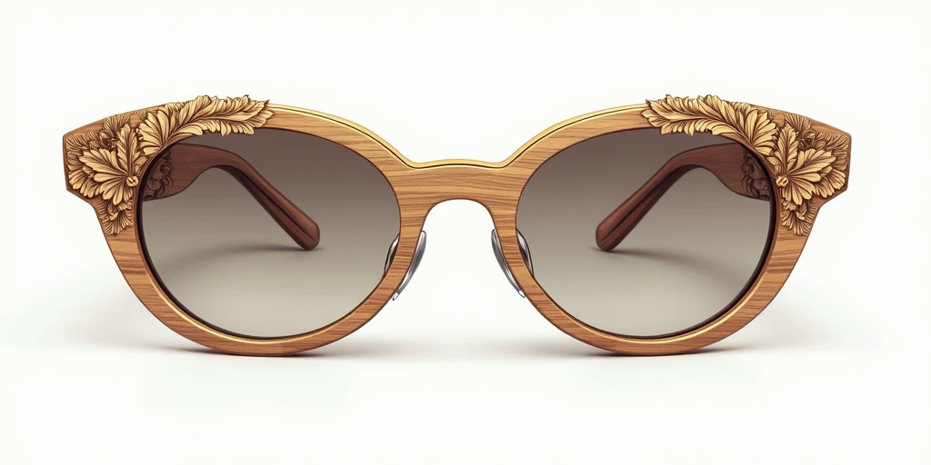 vector illustration of wood made fancy eyewear with luxury touch, oval frame shape, with eye catching gravure design sculptures on the facade of the frame. Standing for the frame. isolated on white background