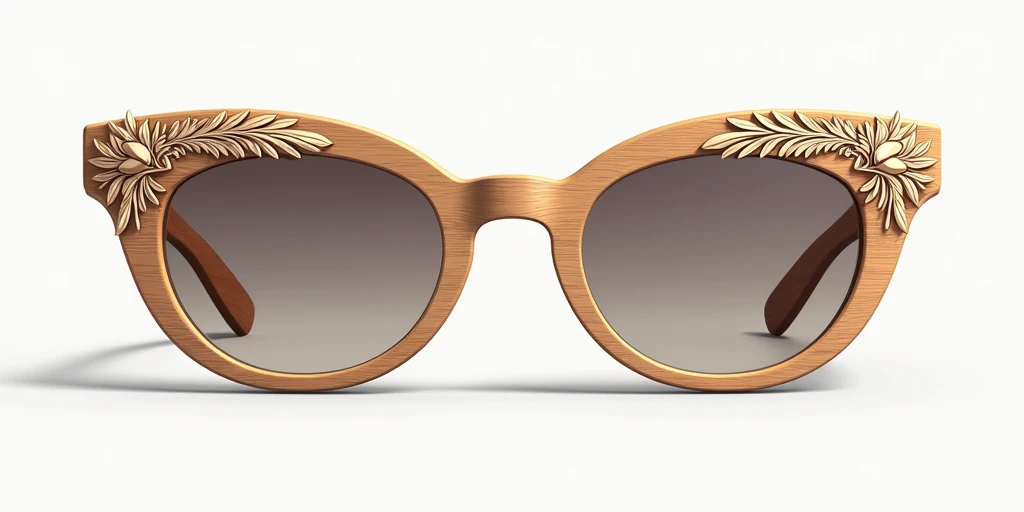 vector illustration of wood made fancy eyewear with luxury touch, oval frame shape, with eye catching gravure design sculptures on the facade of the frame. Standing for the frame. isolated on white background