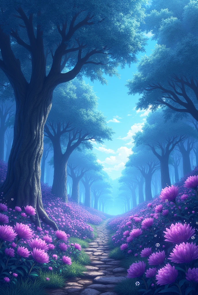 scenography, Oaks Forest, sky blue leaves, energy particles, anime, fancy, magic, without people, Purple flowers with violet energy particles coming out of them