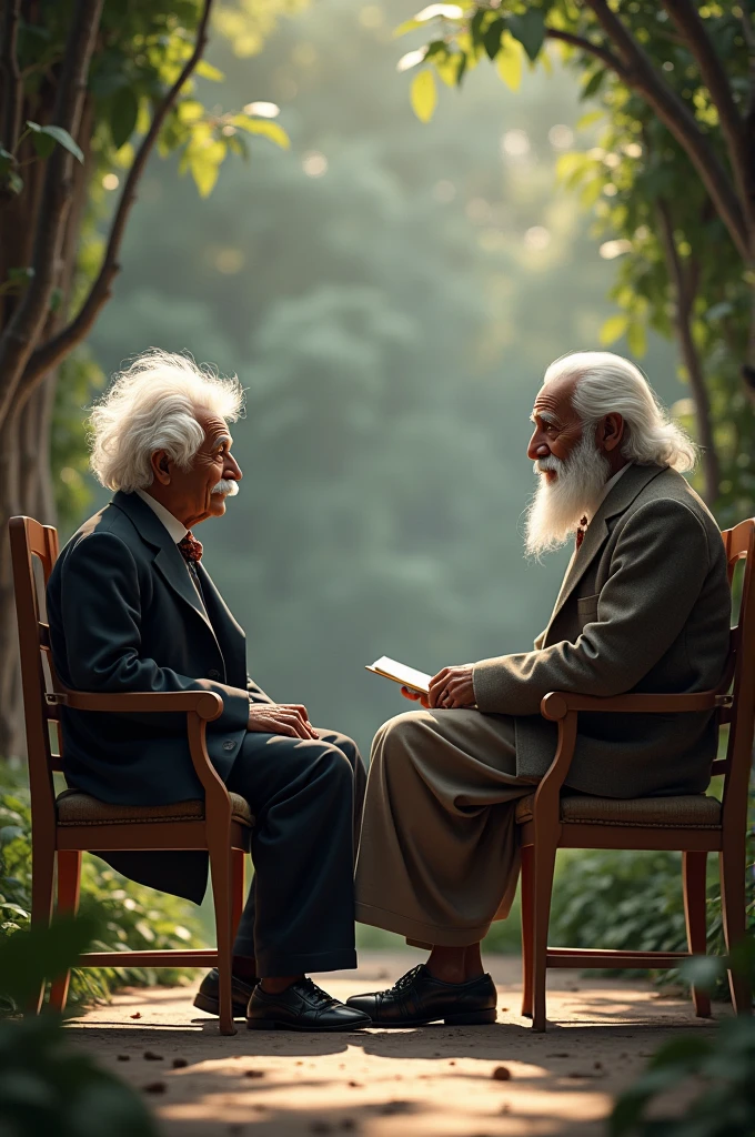 Albert Einstein and Rabindra Nath Tagor sitting on chair