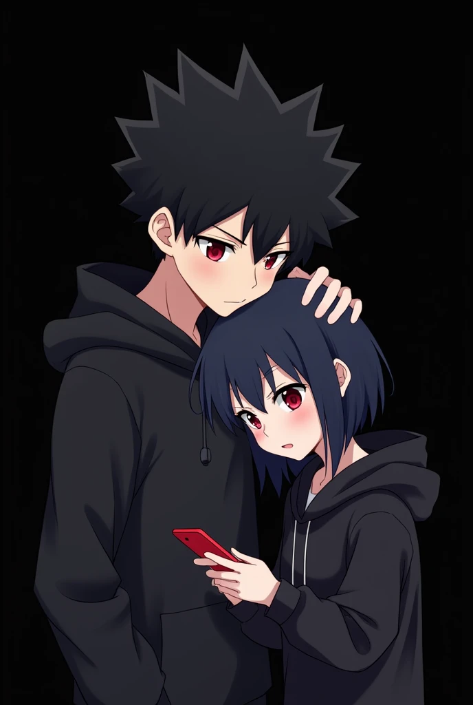 Anime boy ((( Spiky hair , black hair , black hoodie , red eyes , narrowed eye , patting the girl ))) , Anime girl ((( dark blue hair , modern day mullet hair style , black hoodie , red eyes , almond eye , playing phone ))) , siblings , blank black background
