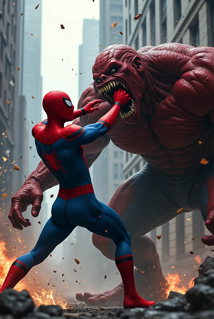 Spiderman hitting monster by punching at his face