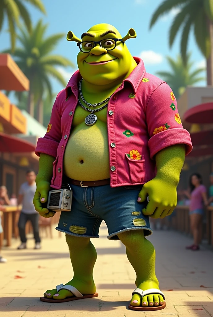 shrek with flamengo shirt, ripped denim shorts and white flip-flops with a radio at the waist and Juliet-style glasses, Brazilian good.