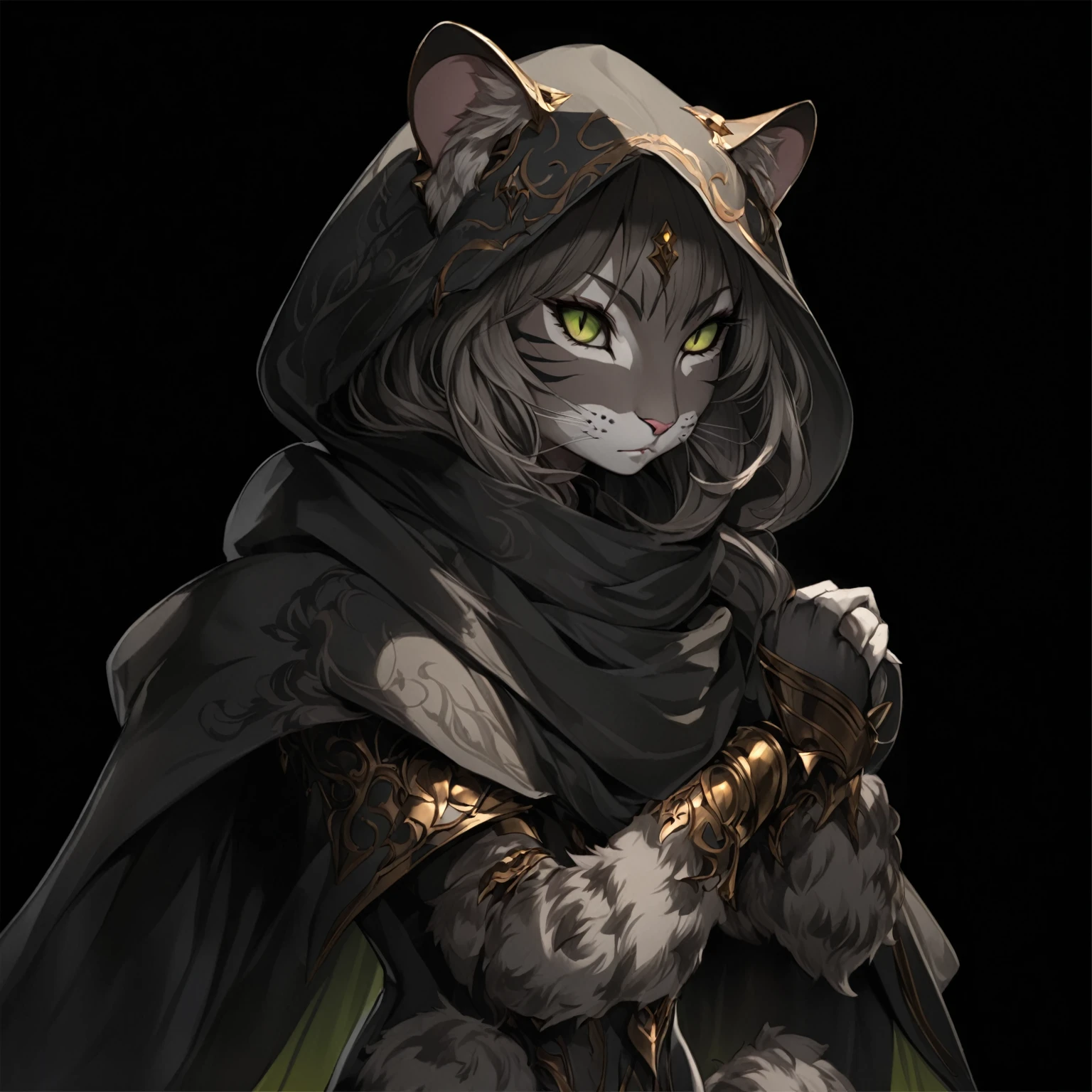 masterpiece, best quality, good quality, Highly detailed, shadowverse style, beast race, female, cat-humanoid species, rogue, modern aesthethic, Fur transitions from soft light gray to darker shades on her limbs, giving her a sleek, feline appearance