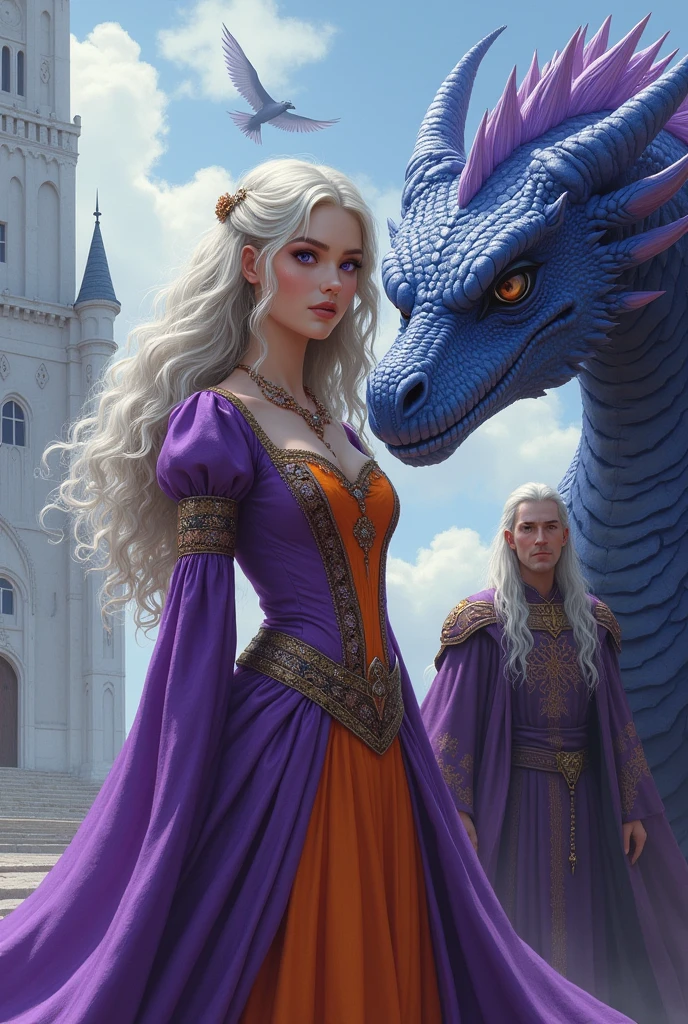 Woman in purple and orange medieval dress. Woman with silver-white wavy and curly hair and dark violet eyes, woman sitting next to her light blue dragon, huge and fierce dragon, Dragon with green eyes. Zoom in on the woman.
Gigantic and majestic castle in the background. Castle with white stones. blue Dragon. Dragon with sky blue scales.
Man next to woman. Man with long silver-white hair, purple medieval clothes and two dragons, a sky blue one and a giant purple one next to the man