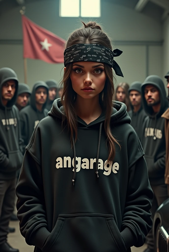 Gangsta girl with black bandana,gang members in background,bmw,angarage flag,angarage text on hoodie,3D