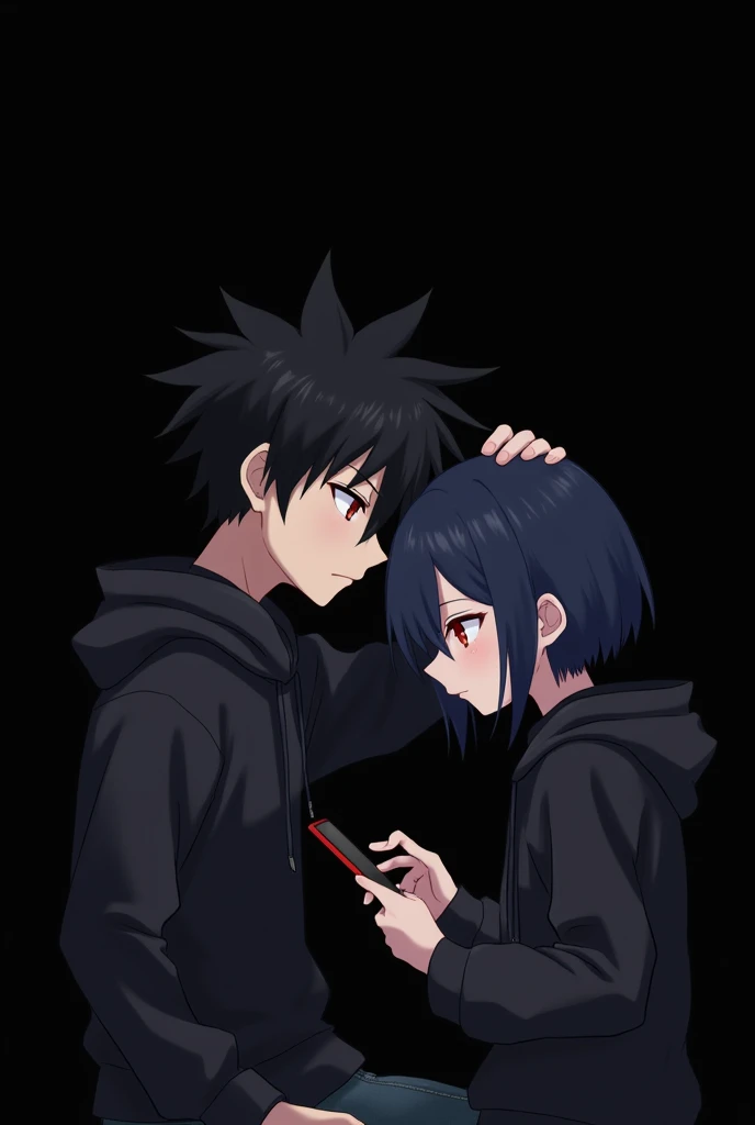 Anime boy ((( Spiky hair , black hair , black hoodie , red eyes , narrowed eye , patting the girl ))) , Anime girl ((( dark blue hair , modern day mullet hair style , black hoodie , red eyes , almond eye , short hair , playing phone ))) , siblings , blank black background