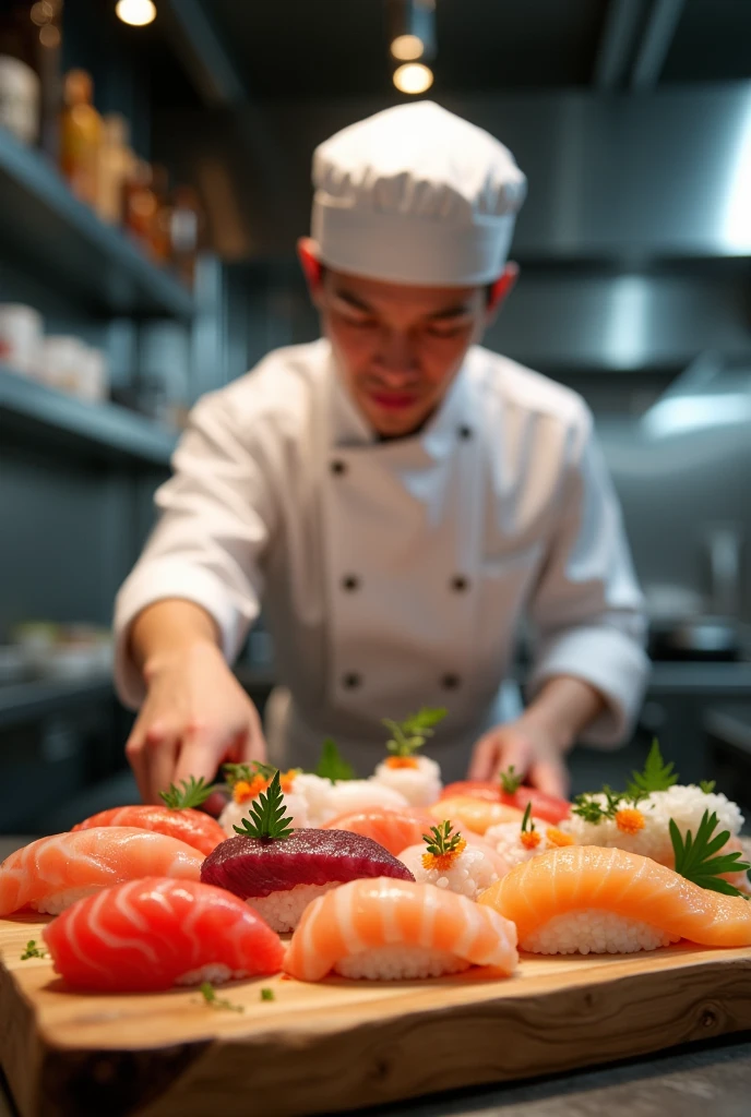 a sushi chef arranging delicate sushi sashimi on a wooden platter, extremely detailed, (best quality,4k,8k,highres,masterpiece:1.2),ultra-detailed,(realistic,photorealistic,photo-realistic:1.37),HDR,UHD,studio lighting,ultra-fine painting,sharp focus,physically-based rendering,extreme detail description,professional,vivid colors,bokeh,food photography