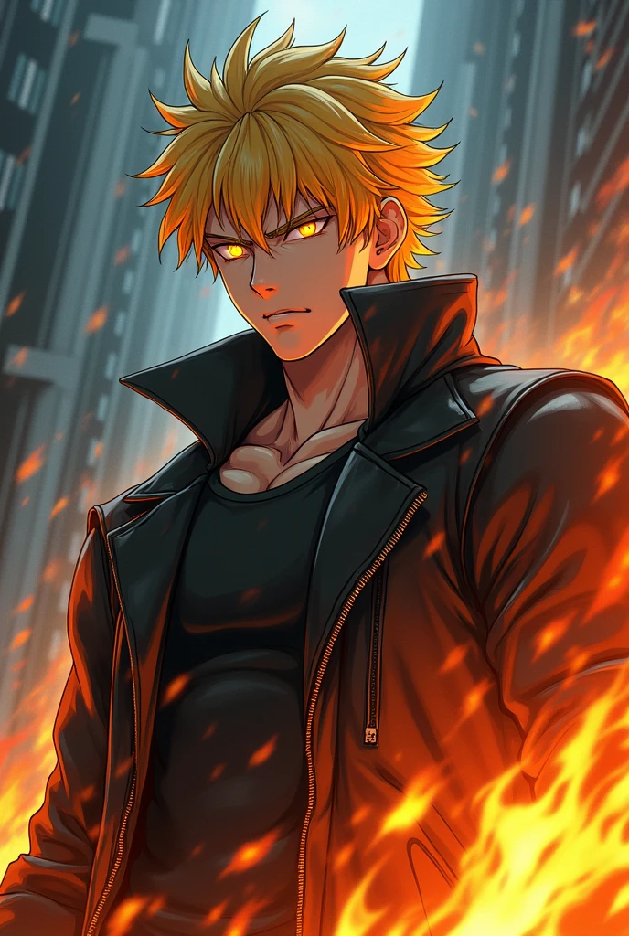 young, handsome, masculine, adult, yellow eyes, strong look, cold, yellow hair, disheveled, ,clear, animation, manga background rain, fire control, strong, fighter