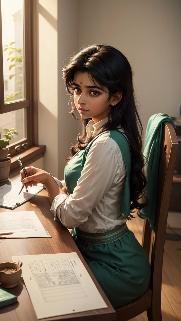 Rohan is looking at Meera and making a sketch of her
