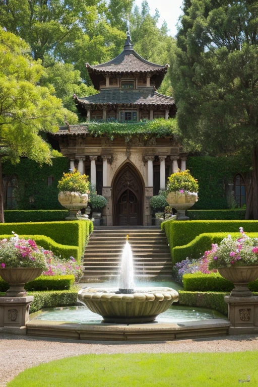 Gothic architecture、The garden has a fountain and flowers.、More of the whole thing please、Yellow and brown atmosphere、Teddy bear walking、stuffed bear、exterior、The building is located up a hill