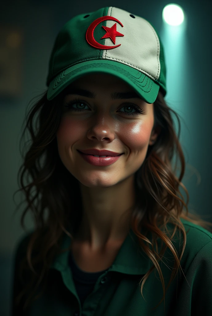 Woman wearing a baseball cap with the Algerian flag, (front focus)، (in the dark: 2.6)، صورة واقعية للغاية، ديفيد هوكني وألفونس موتشا، الفن الخيالي، ابتسامة ، صور واقعية، إضاءة ديناميكية، محطة فنية، ملصق، إضاءة حجمية، إضاءة جانبية، وجوه مفصلة للغاية، 4K، حائز على جوائز، امرأة واحدة in the dark، ظل عميق، مفتاح منخفض،
