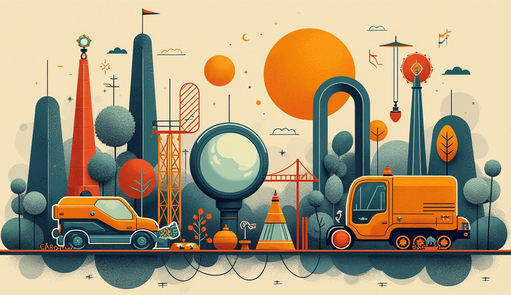 image for banner with symbols representing construction, sons de lofi, jazz, magnifying glass, tools nature, innovate, To produce, symbols of the past