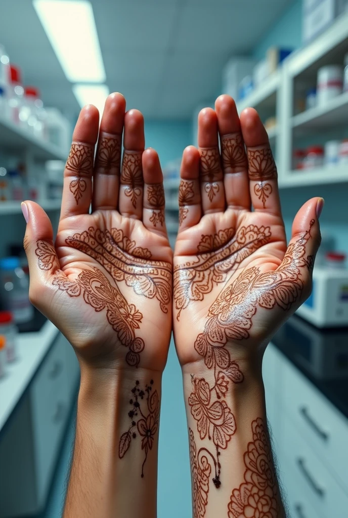 Show both hand back side only mehndi ON hand background in pathology lab