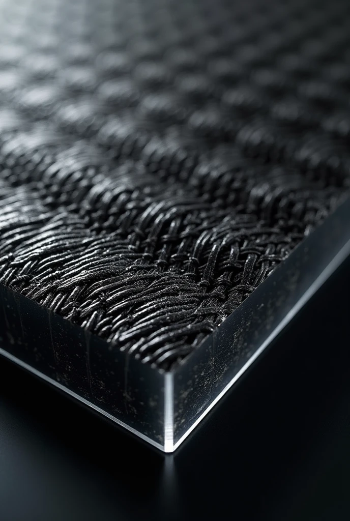 Show a piece of material made from carbon fiber, with a visible pattern of weave or fabric of fibers. The fibers should have a shiny black appearance., with intertwined textures, showing how the fibers are arranged in an aligned manner. Include a cut edge, displaying the layers of fibers embedded in a clear or dark plastic. The caption should say: "Fiber Reinforced Composite – greater strength and rigidity."