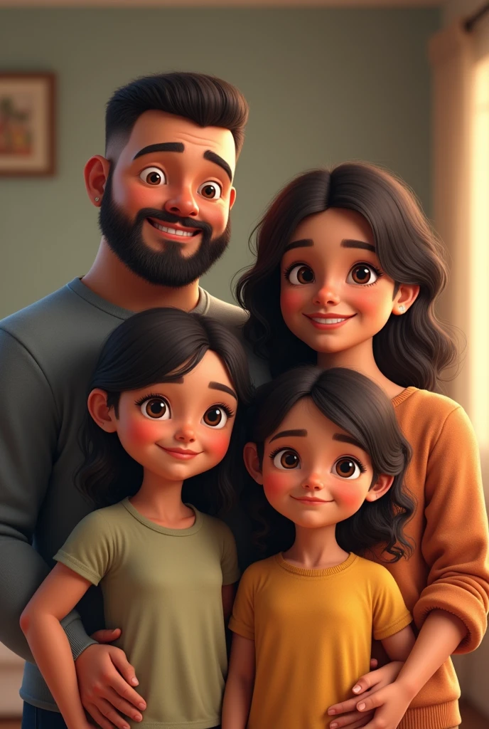 Create an image of a family of 4 people, 2 fathers and 2 girls, A and a 7-year-old girlrents, The father is tall and chubby and the mother has cinnamon skin and medium height.; The 9-year-old girl looks like her looks like her mother. The mother's hair is wavy and has a Latin appearance. The father is beardless and Latino, and the girl is chubby.