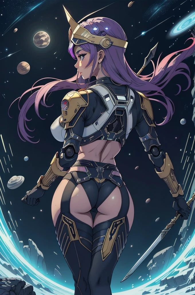 Magnificent image of science fiction with a perfectly beautiful and divine queen masterpiece, top quality, best quality, official art, afro queen warrior very beautifully and gorgeous, super sexy "Athena beauty warrior goddess" and aesthetic:1.2), (1ebony intense super erotic girl in action), (fractal art:1.2), absurder's, high-res, ultra detailed, Ultra-precise depiction, Ultra-detailed depiction, solo, (zentangle:1.2), red eyes, floating purple hair (skinny, thin body: 1.2), tanned skin, shiny skin, with very thin waist, thick and sensual lips, big and very swollen pussy, mouth wide open and very sexy, enormous super extra big ass, enormous super extra big tits, (abstract:1.2),cbpkv5, pantyhose,looking at viewer, full best body, super sensual cyberpunk astronaut robot, complex muscular robot, halo, in a mystery, dangerous and savage planet in a sci-fi very intense combat in space battle, striking carrying and lifting a spear voluptuous and super seductive warrior goddess with classic neo retro cyber Spartan War Helm in a very erotic pose, view from a distance view and full body from the back