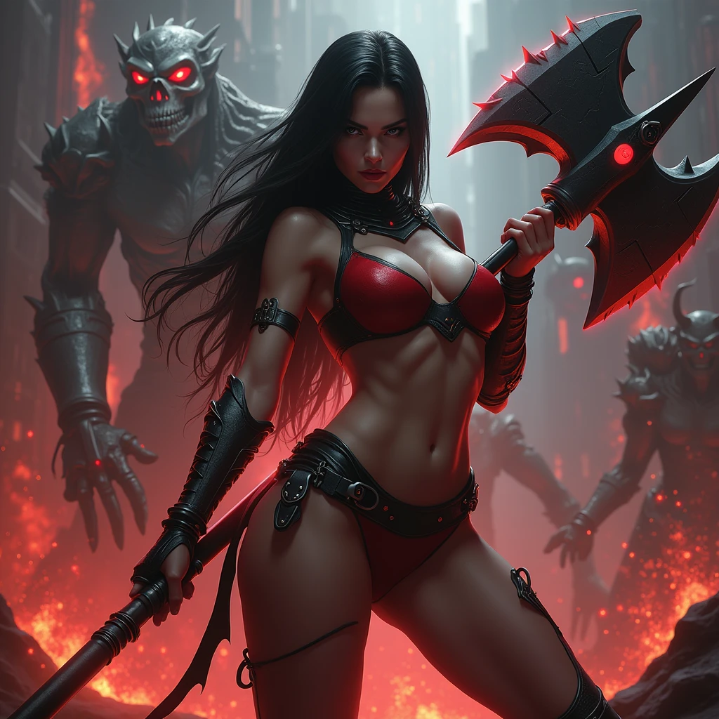 A striking, highly detailed digital illustration by artist Luis Royo The central figure is a female warrior with a fierce, determined expression. She has long, straight black hair, fair skin, and a slender, athletic build. Her attire is futuristic and armored, predominantly in red and black with metallic accents. She is wearing a minimalistic, revealing outfit that includes high-heeled boots, a short, sleeveless top, and thigh-high leggings. Her breasts are exposed. She holds a massive, two-headed warhammer in her right hand, which is adorned with sharp, serrated edges and glowing red details. The background is a chaotic, dark scene with an ominous, otherworldly atmosphere. It is filled with fiery red and black hues, suggesting a battle or a scene of destruction. Large, skeletal, demonic creatures with glowing red eyes and sharp claws are depicted in the background, adding to the intense, apocalyptic feel ((masterpiece, top quality, Highest image quality, High resolution, Photorealistic, RAW photo, 8K)), ((extremely detailed CG wallpaper unified 8k)), (Huge stunning shot of the goddess, Very hot and sexy, stunning beauty, Ideal proportions, Beautiful body, Slim body, beauty:1.4) caption: "KlausLoki" is indicated in the down right corner of the picture