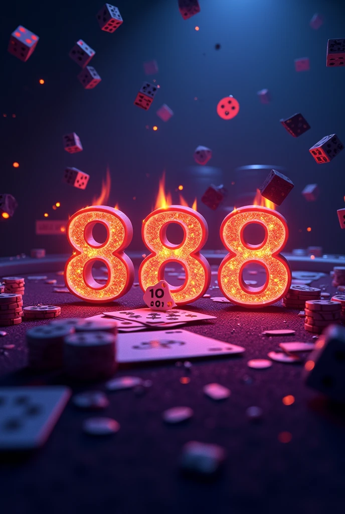 Design the logo “KODZING88” about gambling, hot colored letters in the middle of the burning baccarat, surrounded by dice and cards, purple-blue background.