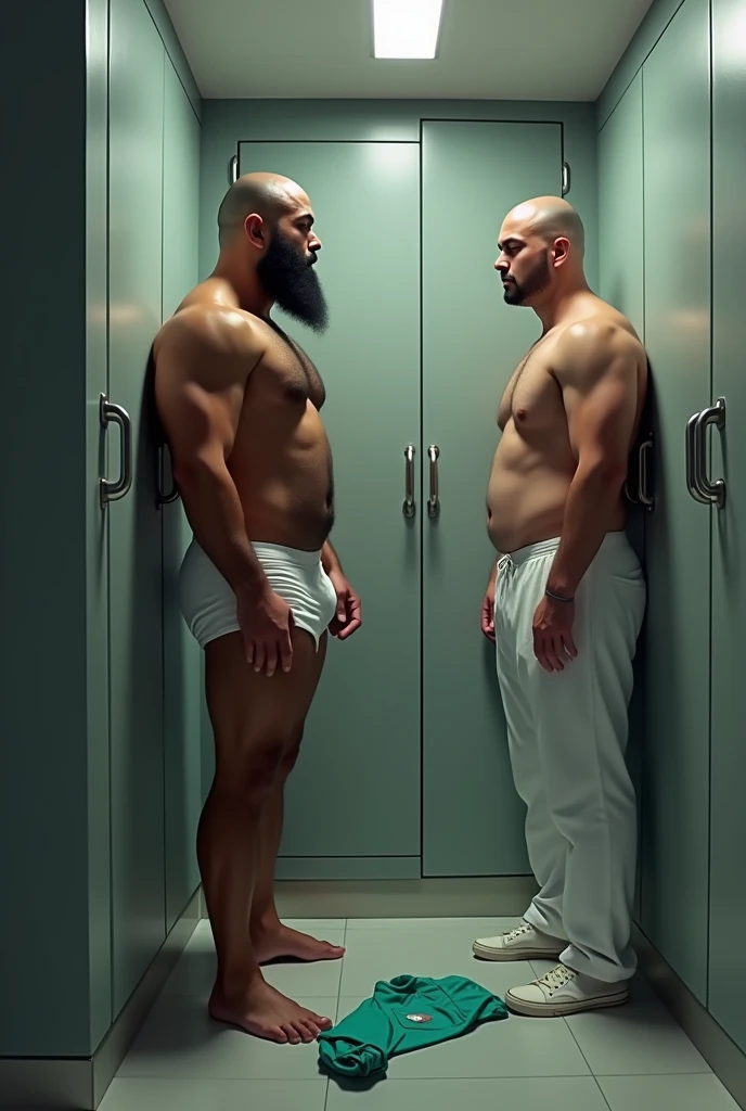 A handsome bearded hairy muscular Puerto Rican man in white underwear, gesturing, open closet, small changing room, with a young man in front, fatter, sobrepeso, calvo, standing discreetly watching him shirtless wearing long white pants and white shoes. Surrounded by small gray cabinets. Surgical green shirt and pants on the floor. Man in green surgical scrubs from the surgical center next door.