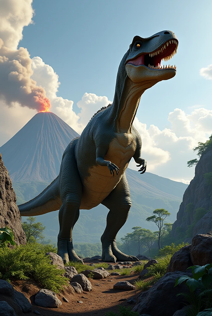 Photorealism, dinosaur, prehistoric times, t. Rex, volcanos in background