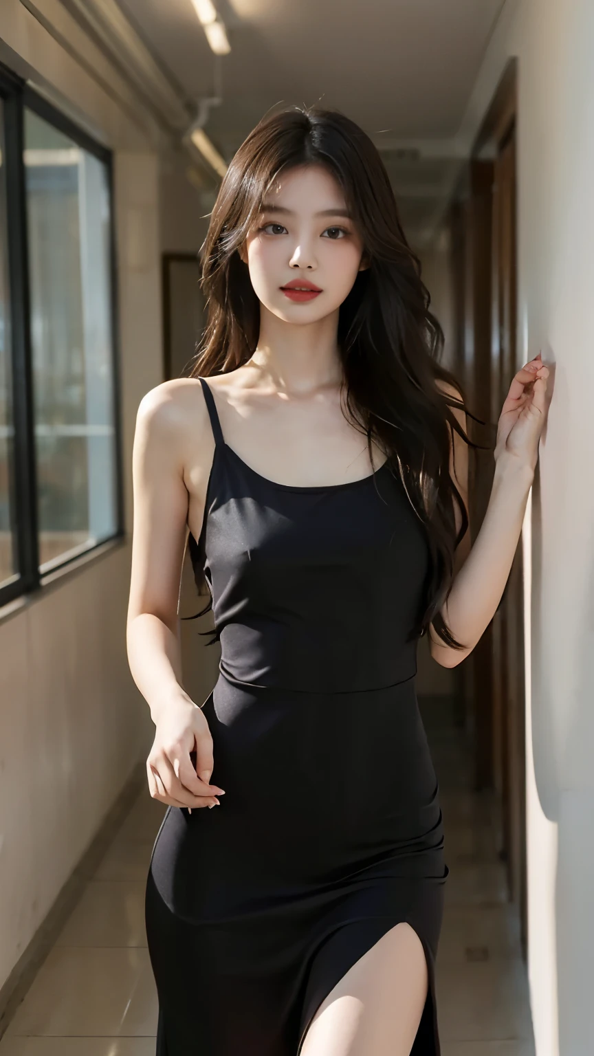 1 Girl,corridor,Soft Light,Chinese Beauty,Tight Fit,dress,Dark-haired,long hair,