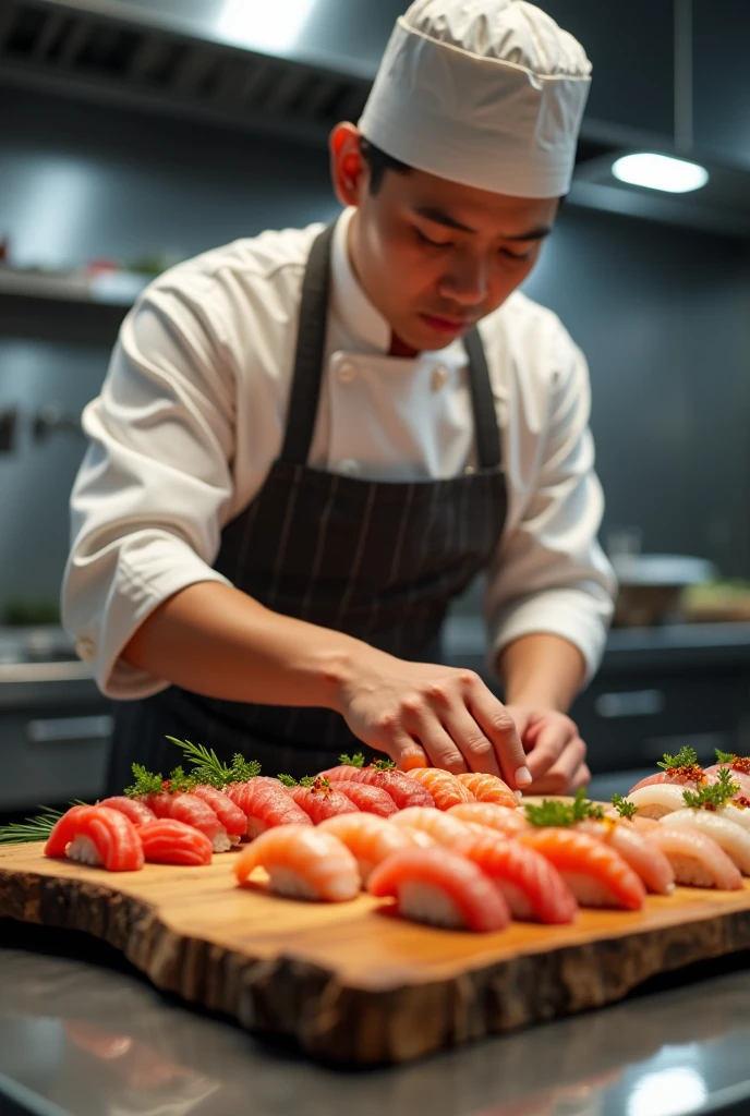 a sushi chef arranging delicate sushi sashimi on a wooden platter, extremely detailed, (best quality,4k,8k,highres,masterpiece:1.2),ultra-detailed,(realistic,photorealistic,photo-realistic:1.37),HDR,UHD,studio lighting,ultra-fine painting,sharp focus,physically-based rendering,extreme detail description,professional,vivid colors,bokeh,food photography