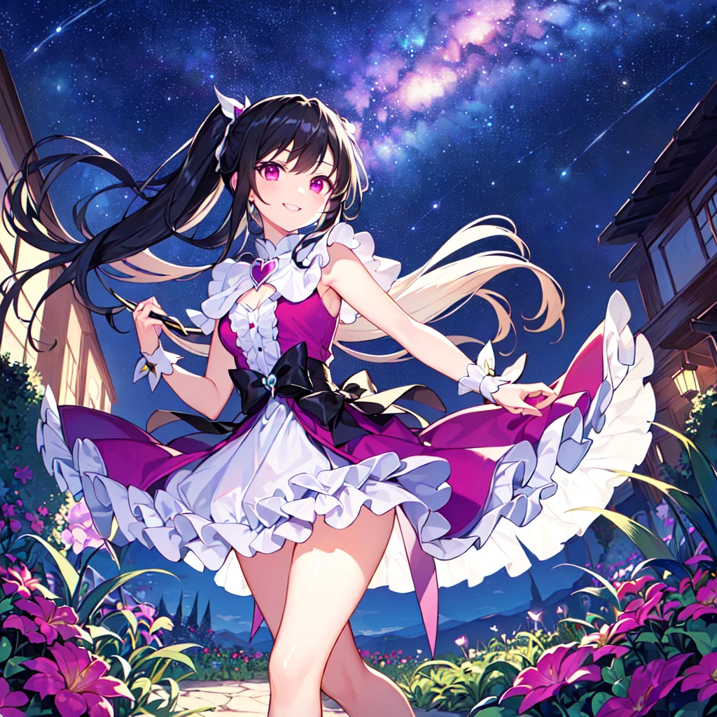 masterpiece, best quality, high quality, extremely detailed, very delicate and beautiful, (1female 1 adult solo:1.5), (long black hair up two sides:1.5), bangs to eyebrows, eyes sharp and bright (eye color: magenta:1.3), 6.5 head height, (Lace Frill Magical Girl Fashion with Starry Sky Print:1.3), (knee socks), (standing), (dynamic pose), (smiling), (Summer Garden:1.3), (Milky Way Night Sky:1.3)