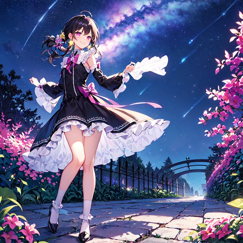 masterpiece, best quality, high quality, extremely detailed, very delicate and beautiful, (1female 1 adult solo:1.5), (long black hair up two sides:1.5), bangs to eyebrows, eyes sharp and bright (eye color: magenta:1.3), 6.5 head height, (Lace Frill Magical Girl Fashion with Starry Sky Print:1.3), (knee socks), (standing), (dynamic pose), (smiling), (Summer Garden:1.3), (Milky Way Night Sky:1.3)