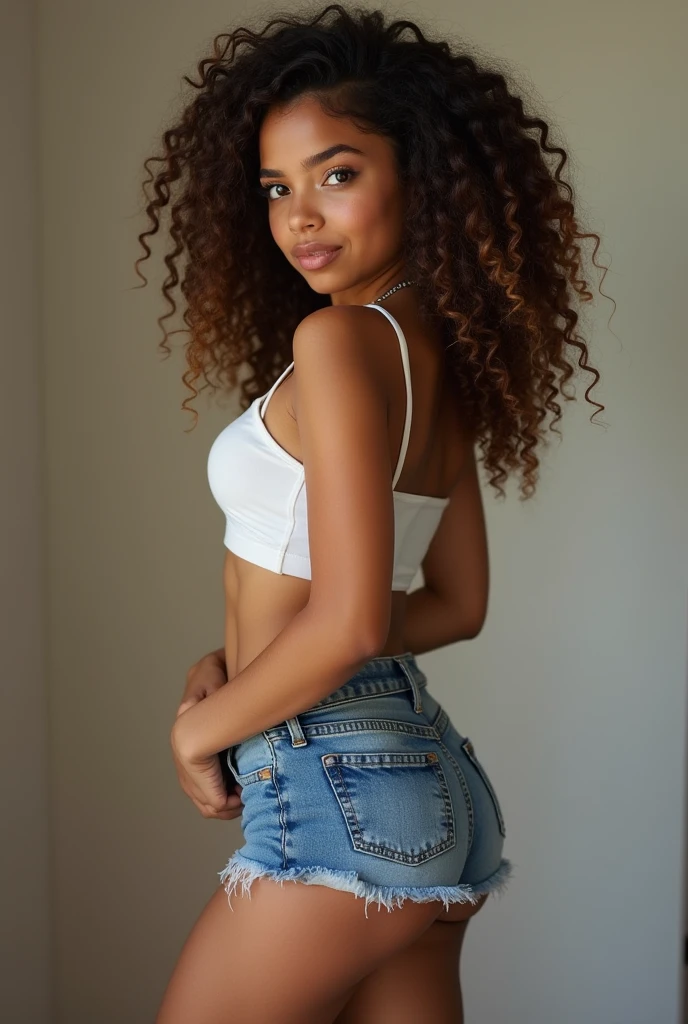 Photo of a beautiful tween curly haired Latina girl wearing crop top and jeans shorts, looking seductively at a camera, full body shot, small perky breasts, small butt