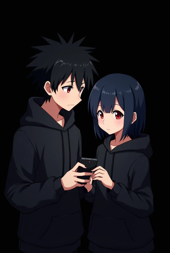 Anime boy ((( Spiky hair , black hair , black hoodie , red eyes , narrowed eye ))) , Anime girl ((( dark blue hair , modern day mullet hair style , black hoodie , red eyes , almond eye , short hair ))) , siblings , blank black background , using phone , facing same direction
