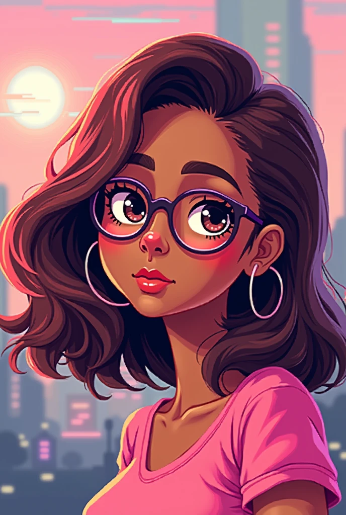 8-bit style, tanned with brown hair with pink highlights and round glasses.