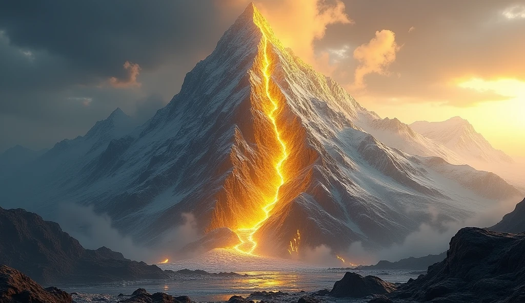 A high mountain，Half is gold ore，The other half is silver ore（best quality，4K，8k，High level，masterpiece：1.2），Ultra Detailed，（lifelike，Photo real，Photo real：1.37）