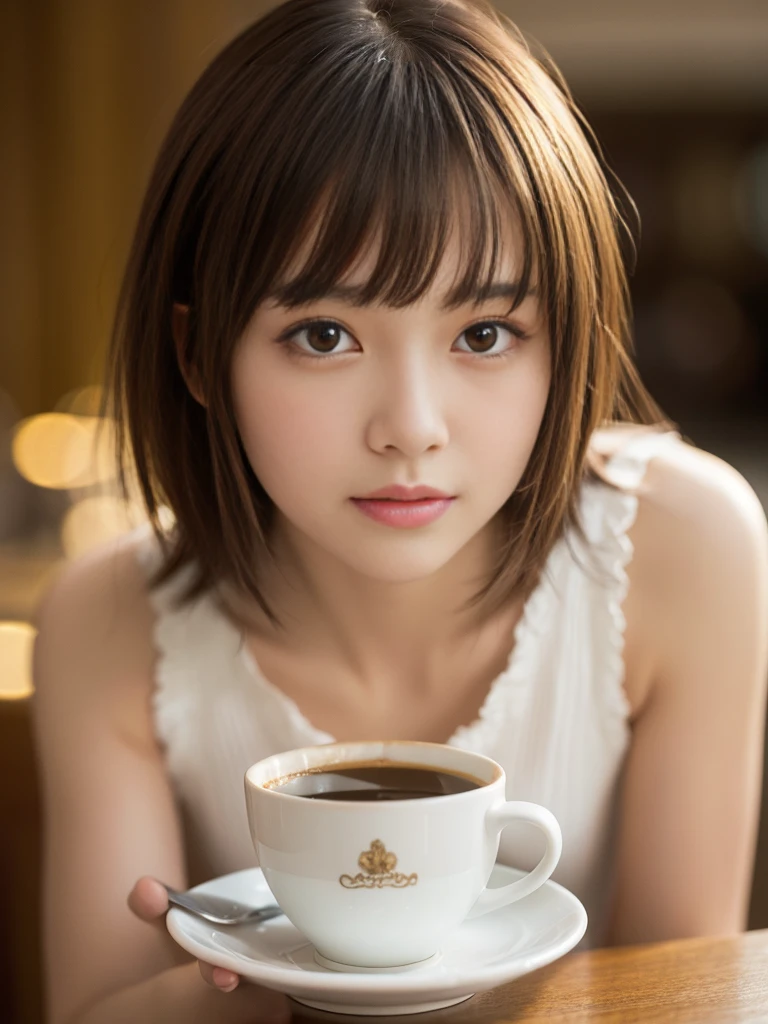 (16K, High resolution, Absurd masterpiece, Highest quality, Super detailed, Exquisite, beautiful), Delicate facial features, beautiful japanese idol, 1, woman, Medium Hair, Messy Hair, Blunt bangs, Light brown hair, At the cafe, Coffee cup, View your viewers, Realistic portraits, RAW Photos, Ultra-realistic photos, Upper Body, Front view, Golden Ratio, Cinema Lighting, Blurry background in focus,
