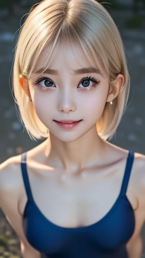 ((sfw:1.5)),((sfw:1.5)),((sfw:1.5)),((sfw:1.5)),((from above:1.5)),((Upper Body:1.5)) Korean Asian r Photos、((Beautiful and cute idol girl:1.5))、Platinum Blonde Hair、11yo,Naow eyes:1.5、Thin face、Thin neck、((Slim body)),((skinny):1.5),((Flat chest:1.5)),((clavicle)),((Narrow eyes：1.5))、(Thin arms)、(Thin neck)、（Thin lips）、A small smile、Thin arms、(Dark blue school swimsuit:1.5）、littlesmile,