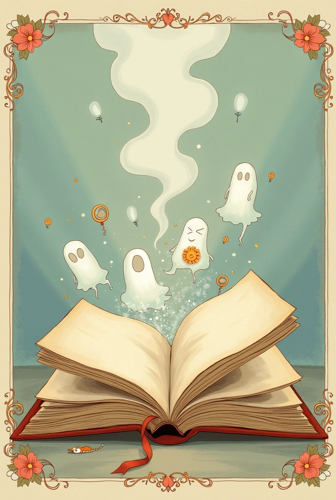 Storybook style drawing of an open book from which emerge references from the 1990s to 2000s.