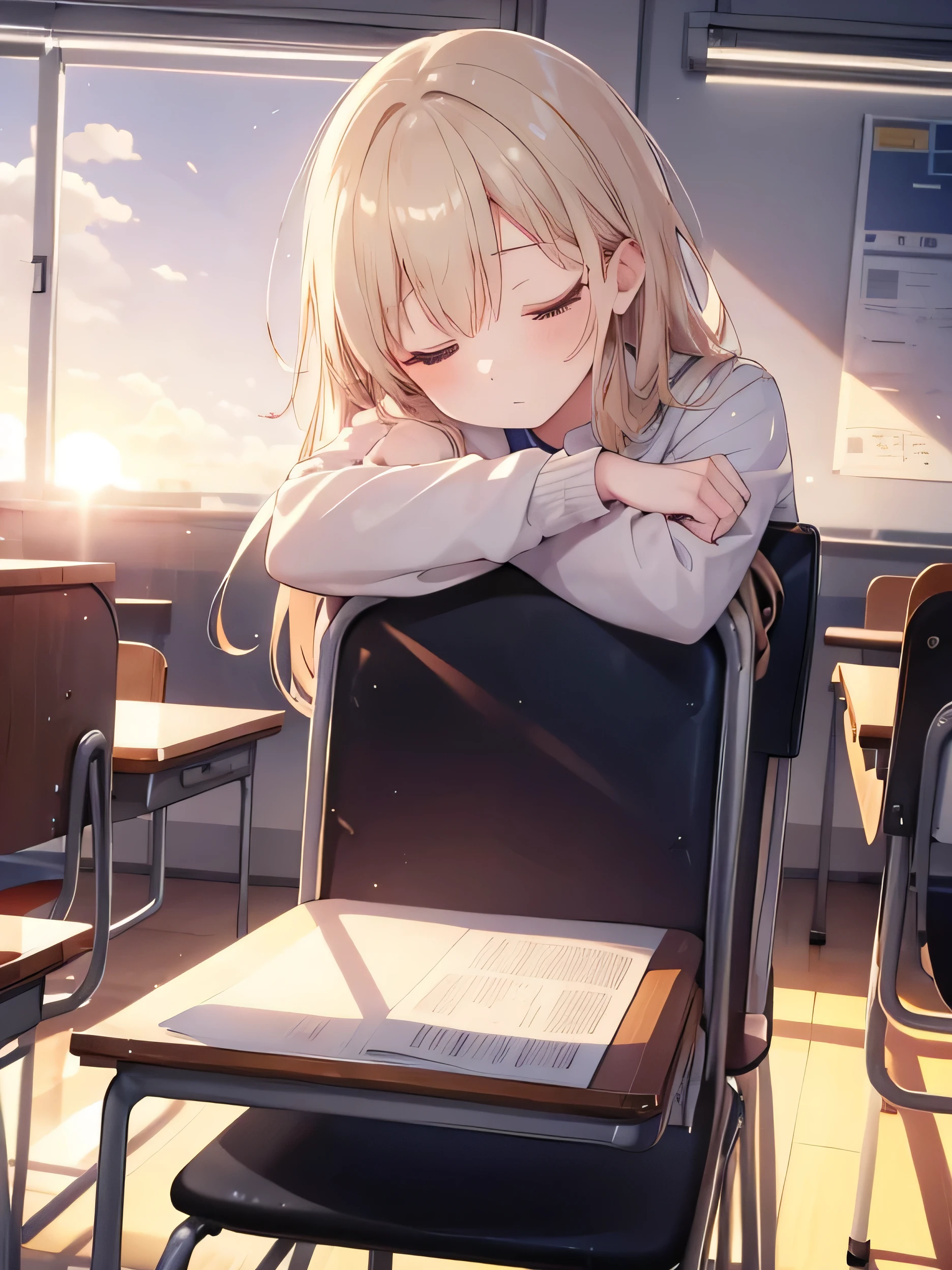 girl sleeping in chair , head on desk. empty classroom with warm, sunset lighting