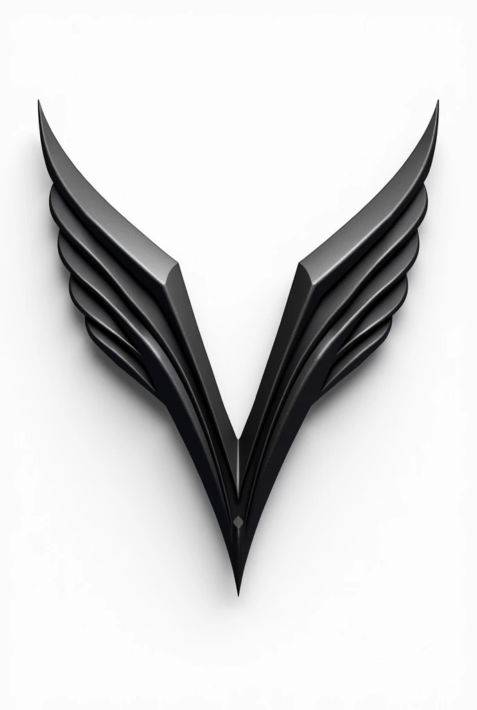 Create a modern, sleek, and polished version of a symmetrical logo featuring a stylized 'V' in the center with extended, sharp wing-like elements on both sides. The logo should have a metallic, futuristic finish with a black and chrome color palette. The wings should have a layered, aerodynamic look, with a slight gradient effect that gives a sense of depth and motion. The design should be minimalistic yet bold, with smooth curves and sharp edges that exude a sense of power and elegance. The background should be transparent or plain to make the logo versatile for various uses."