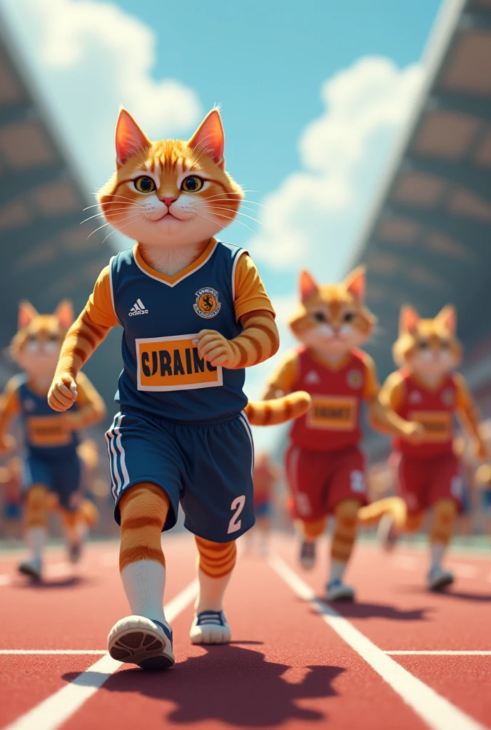 The main character, a cat, is heading to the venue for a sports event with his cat friends.。Cats in uniform、Each person's name is written on the back。Demonstrating the results of hard work、I'm attending a competition