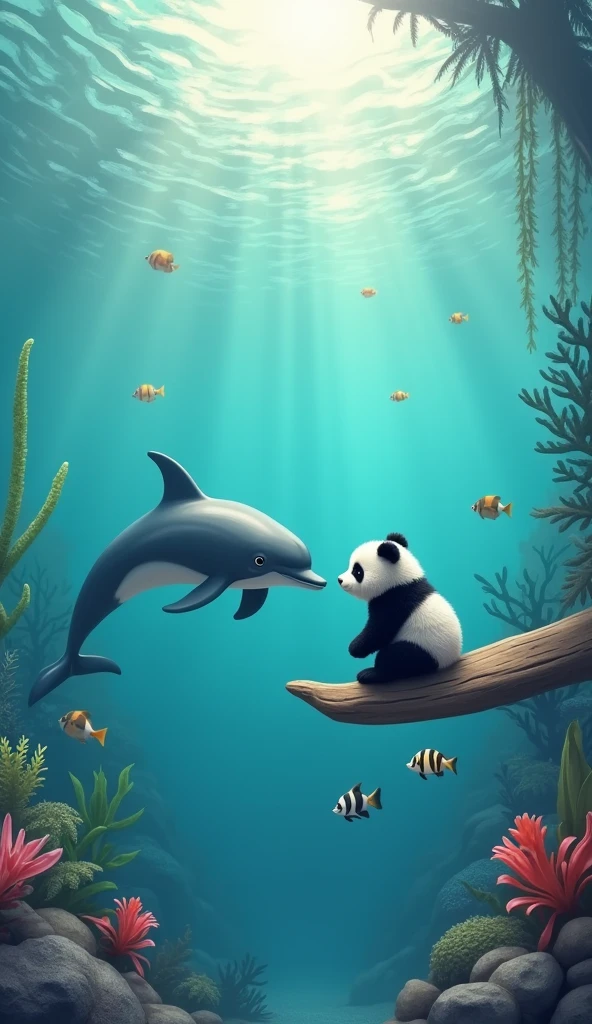 In ocean lives a dolphin which meets little panda and play with it