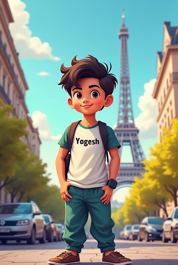 1 boy stand in the Paris she is name is "yogesh" written in the t shirt 2d cartoon his age is 15 years and his hand smart watch and wear kurta paizama